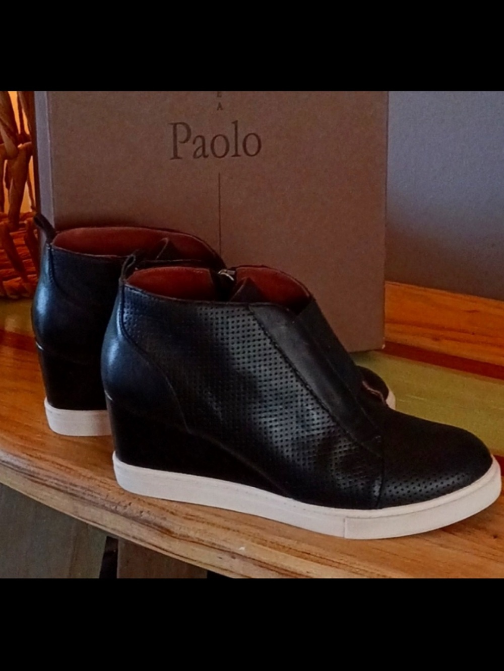 Paolo Black Perforated Wedge Sneaker with White Sole